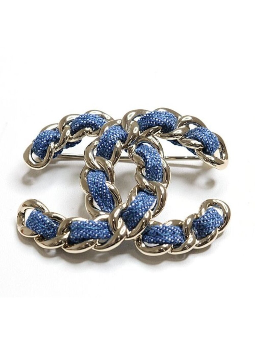 Chanel CC Logo Denim Brooch Metal Silver Blue